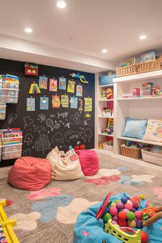 a child's playroom with chalkboard walls and toys on the floor in front of it