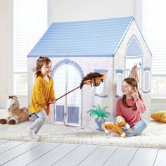 Give your animal lover the perfect play space. The Martha Stewart Kids' Stable Play Tent inspires pretend play and encourages children ages 3 and up to use their imagination. Easily fit the washable fabric tent over the durable steel frame and instantly transport your child to a playful world created just for them. The stable-themed kids' play tent features see through windows, a door for entry and authentic images like horses, plants and cobblestone details. Bedroom Tent, Playroom Toddler, Playhouse Furniture, Dress Up Storage, Indoor Playhouse, Toddler Bedroom, Kids Play Tent, Playhouse Outdoor, Kids Vanity