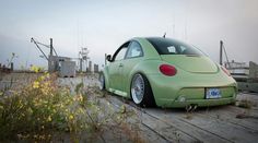 a small green car parked on top of a wooden dock next to tall grass and yellow flowers