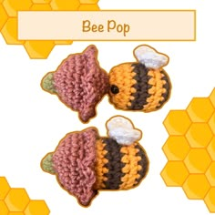 two crocheted bees sitting next to each other on top of honeycombs