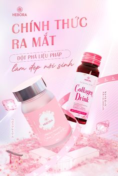 an advertisement for collagen drink with pink liquid and other items in the background