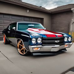 a black car with red, white and blue stripes parked in front of a garage