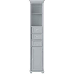 a tall white cabinet with drawers on the bottom and one drawer in the middle, against a white background