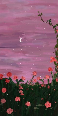 a painting of pink flowers in the grass with a crescent moon behind them and stars above