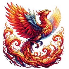 an orange and red bird with flames on it's wings