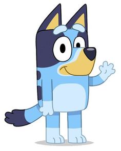 a cartoon blue dog with black spots on it's face and arms, standing in front of a white background