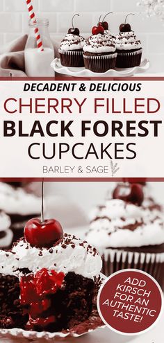 an advertisement for cherry filled black forest cupcakes