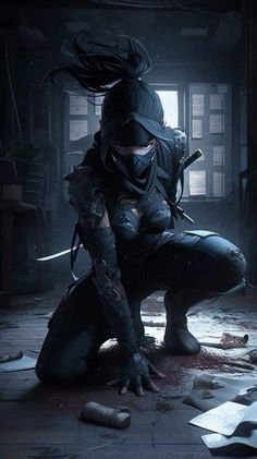 a woman kneeling on the ground with a knife in her hand and wearing a mask