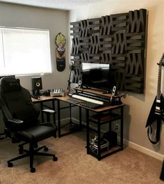 a room with a keyboard, chair and other musical equipment