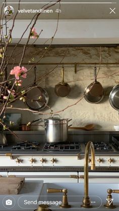 pots and pans are hanging on the wall above an oven in a kitchen that is decorated with pink flowers