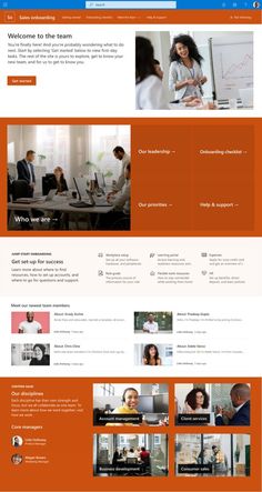 an orange and white website design for a business consulting company, with images of people working on