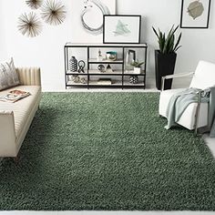 a living room filled with furniture and green carpeted area rugs on the floor