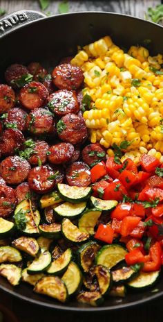 Sausage and Veggies Skillet with Bell Peppers, Zucchini, and Corn. Sausage And Veggies Skillet, Sausage And Veggies, Summer Dinner, Sausage Recipes, Bell Peppers, High Protein Recipes, Healthy Meal Prep