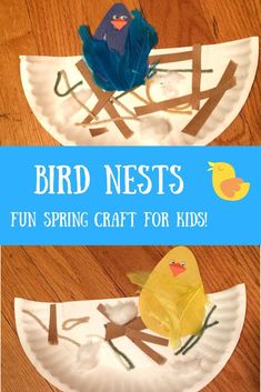 two paper plates with birds on them and the words bird nests fun spring craft for kids