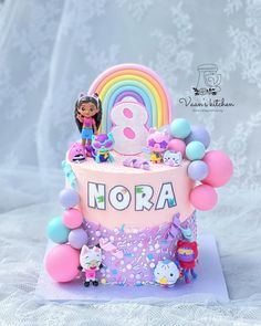 there is a birthday cake with an image of dora on the top and balloons around it