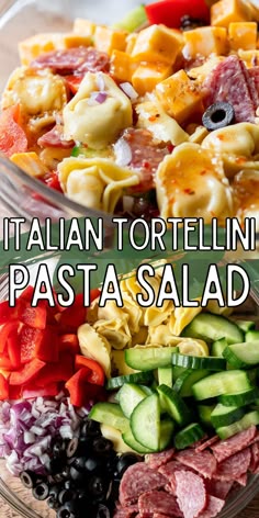 pasta salad with italian tortellini in a glass bowl