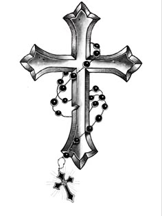 a black and white drawing of a cross with beads hanging from it's sides