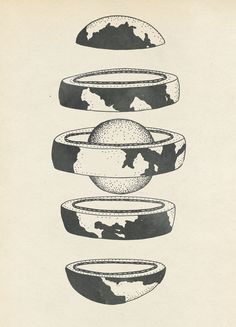 four bowls with different shapes and sizes, each containing an earth's surface in the center