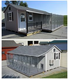 two pictures side by side one with a dog house and the other with a chicken coop