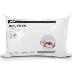 the body pillow is white and has an image of a woman laying in bed on it