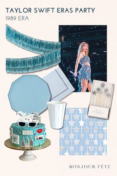 an image of a woman in blue outfit and accessories on display with text that reads taylor swift eras party 1989 era