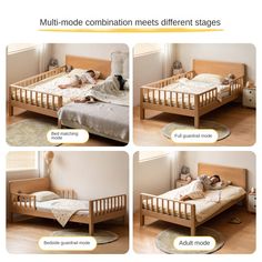 there are four pictures of a child laying in bed with the caption'multi - mode combination meets different stages '