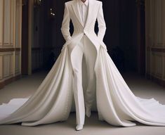 White Suit With Train, Wedding Dress Masculine, Tailcoat Wedding Suit, Wedding Suit White Men, Gender Less Fashion, White Suit Men Prom, Gender Fluid Wedding Attire, Feminine Suits For Men, Men In Dresses Art