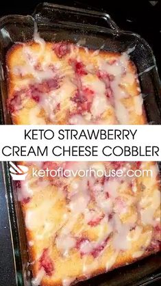 two pictures showing the different stages of making a cream cheese cobbler in an oven