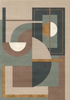 an abstract painting with circles and rectangles in shades of brown, blue, green, beige