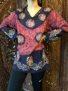 Boho Gypsy Hippy Tie Dye Tunic Top Red Black Batik Embroidered Blouse Kurti ML  #mogulinterior #Tunic #Casual Black Tunic Tops, Tie Dye Tunics, Wrap Skirts