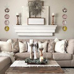 a living room filled with furniture and a coffee table in front of a fire place