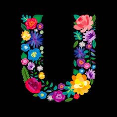 the letter u made up of colorful flowers and leaves on a black background with space for text