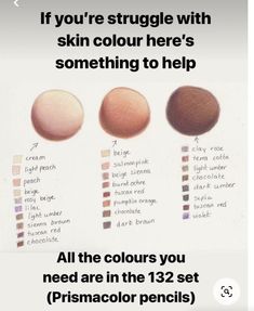 an image of different shades of skin on a white background with the text, if you're struggle with skin color here's something to help all the colors you need are in the 123 set primaccolor pencils