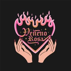 two hands holding a heart with flames and the words queen boss in pink on black