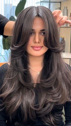 Layered haircut, Long layered haircut, shaggy layered haircut,  Layered haircuts for long hair, long layered haircuts with bangs, long layered haircuts for women, face-framing layers medium hair, layered haircut with curtain bangs Hair Colors Trending, Indian Hair Cuts, Trendy Bangs, Layered Haircuts With Bangs, Bangs For Round Face