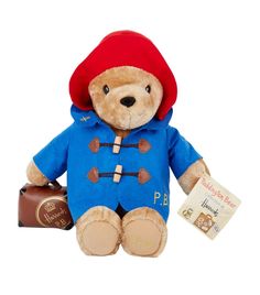 a brown teddy bear wearing a blue coat and red hat with a book next to it