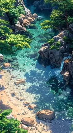 an aerial view of a river surrounded by rocks and trees