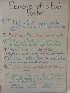 a white paper with writing on it that says elements of a book poster written in different colors