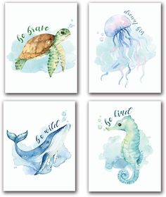 four watercolor paintings with sea animals and words