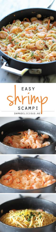 the steps to make shrimp pasta in a skillet