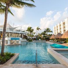 an outdoor swimming pool surrounded by palm trees