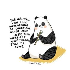 a panda bear sitting on the ground with a pencil in it's mouth and an inscription