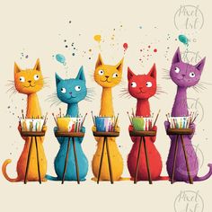 a group of cats sitting on top of an easel with paintbrushes in them