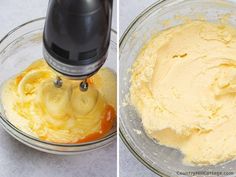 two pictures side by side showing batter being mixed together in a bowl and an electric hand mixer mixing the batter