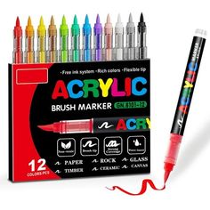 a box of 12 acrylic brush marker pens in assorted colors and sizes