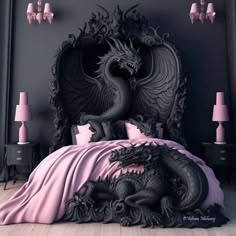 a bed with a dragon head on it in a room that has pink lamps and chandeliers