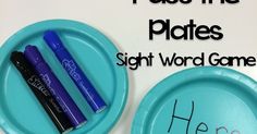 two blue paper plates with writing on them, one has marker pens and the other says please the plates sight word game