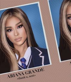 two pictures of aria grande, one with blonde hair and the other with blue eyes