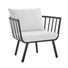 a black and white chair with a pillow on it's backrest, against a white background