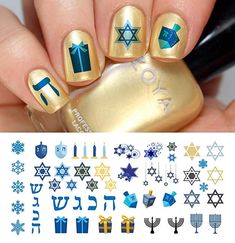 "Hannukah #1 Nail Art by Moon Sugar Decals. Salon quality for everyone to enjoy.  Salon Quality Waterslide Decals Easy to apply instructions included with every sheet. Multiple images included on 5.5\" X 3\" sheet. Professionally printed in Milwaukee, WI. USA Holiday Classic Hannukah waterslide nail decals. Multiple designs and sizes included on  5.5″ x 3″ sheet. Give your nails that chic look you desire with nail art decals from Moon Sugar. With over 100 sets to choose from, we can help you cre Hanukkah Nails, Light Colored Nails, Waterslide Nail Decals, Nail Art Decals, Holiday Nail, Waterslide Decals, Holiday Nail Art, Water Transfer, Milwaukee Wi